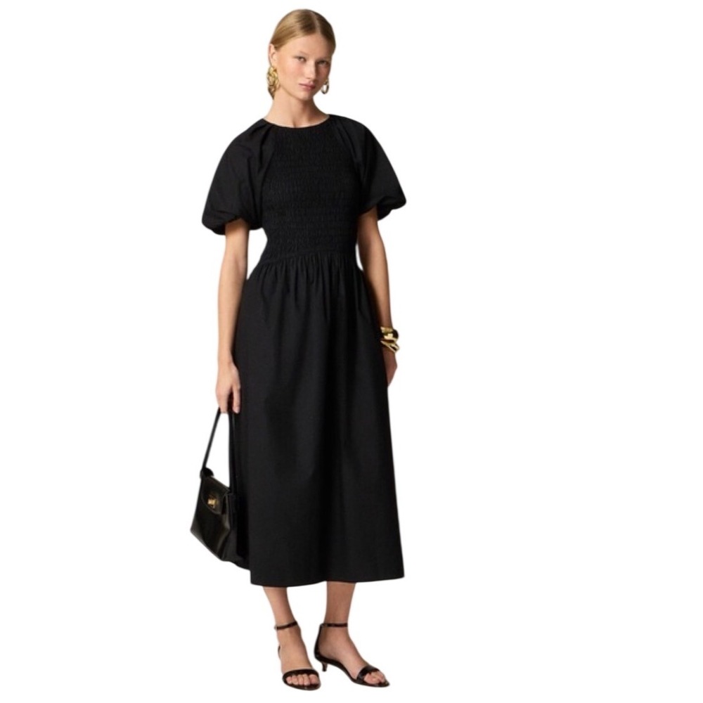 J. Crew Meadow Dress Black Cotton Poplin Smocked Puff Sleeve Romantic Midi S
